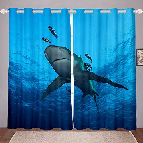 Tbrand Hai Fenstervorhang Ozean Marine Thema Blickdichte Vorhänge 175x140cm Blau Meer Unterwasserwelt Vorhänge für Jungen Mädchen Kreatur Meerlife