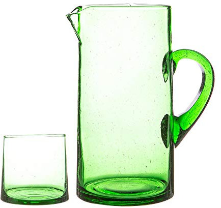 Nicola Spring 7pc Merzouga Recycled Glass Tumblers with 1L Jug - Green Glass - Sustainable Hand-Blown Moroccan Drinkware for Juices, Cocktails, Water, Home, Bar, Dining Table, Eco-Friendly Gift