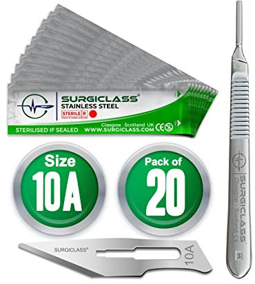 Surgical Scalpel Surgical Blades # 10A Stainless Steel Sterile Pack of 20 and Handle No 3 Perfect for wood art, Surgical, Sculpting, Repairs, Lab Anatomy, Sign, Card Making Lab Training SURGIGR10A-20