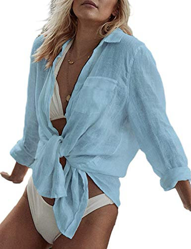 Bsubseach Long Sleeve Beach Shirt Blusen Damen Turn Down Kragen Bikini Strandponcho Bademode Hellblau