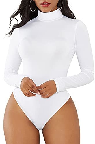 Durio Body sexy pour femme à manches longues élégant avec col roulé, Col roulé Blanc M