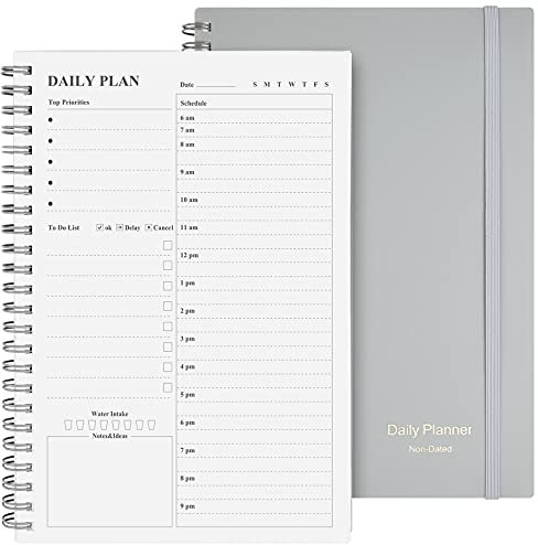 Tagesplaner, Undatiert, Asten To-Do-Liste, Notizbuch, Stundenpläne, Spiral-Terminplaner für Männer und Frauen, PVC-Hardcover, elastischer Verschluss, Innentasche 21,1 x 14,7 cm (Grau)