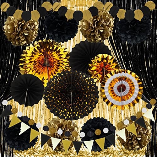 ZERODECO Gold Schwarz Partydekorationen, Papierfächer Pom Poms Girlande String Banner Fransenvorhänge Geburtstagsfeiern Abschluss Happy New Year Eve Party Dekorationen