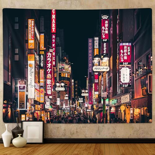 Emwnodti Japanische Stadt-Wandteppich, Tokyo Nachtsicht, japanische Straßenszene, Stadtbild, Wandteppiche, asiatischer japanischer Anime-Wandteppich, für Schlafzimmer, Schlafsaal, Zuhause, Offiece