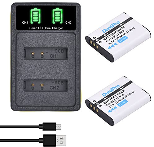 DuraPro 2X Batterie LI-92B Battery + LED USB Charger with Type C Port Compatible avec Ricoh DB-110, Ricoh GR III, GR IIIx, Theta X, WG-6, G900; Olympus SH-1, SH-2, SH-50,SH-60,TG-1