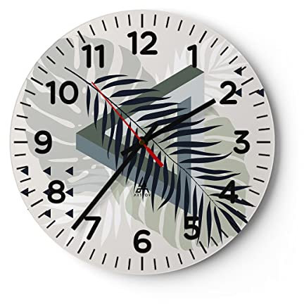 Modern Wanduhr Monstera Palme Grafik 40x40cm Rund Groß Wand Uhr Glas Analog Zimmeruhren Küche Büro Wohnzimmer Glasuhr Wall Clock Dekoration Design Wanddekoration Küchenuhr C4AR40x40-4519