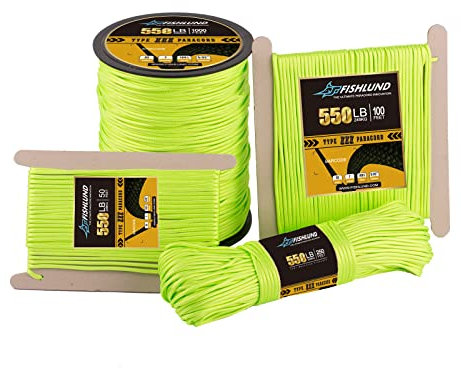 FISHLUND Paracord 550 lb, 7 Strand Type III Paracord Rope 50ft 4mm, Nylon Parachute Cord for Camping, Neon Green
