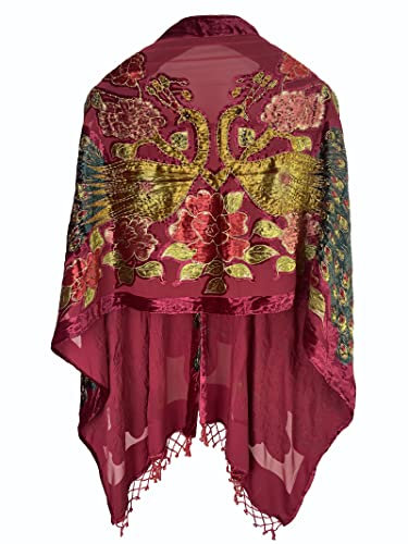 Pfau Samt Schal mit Fransen Perlen Schal für Frauen Pfau Schal Handgemachte Perlen Indische Wraps für Frauen mit Quaste, Rot/Ausflug, einfarbig (Getaway Solids), 67X20