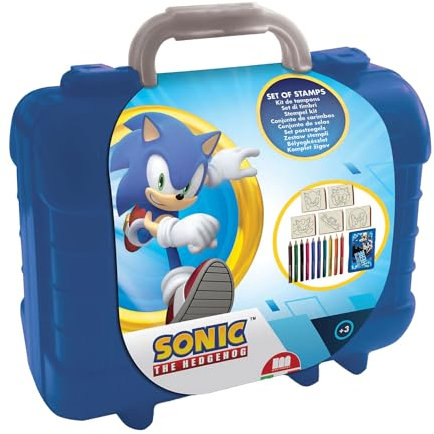 Multiprint Valigetta Travel Set Sonic, Made in Italy, Album da Colorare, con Puzzle e Matite, Set Timbrini Bimbi, in Legno e Gomma Naturale, Inchiostro Lavabile Atossico, Idea Regalo