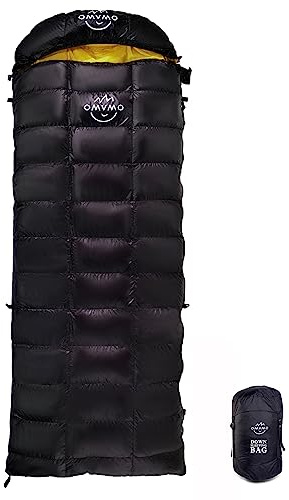 OMVMO 20 Grad F Daunenschlafsack für Erwachsene, 4-Jahreszeiten-Umschlag, rechteckiger Daunenschlafsack für Rucksackreisen, Camping, schwarz, 50 °C, links lang
