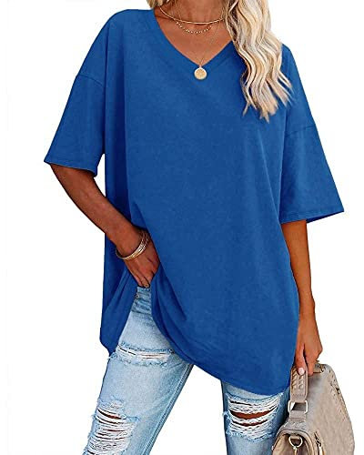 Famulily Solid Color Loose Basic Tee Tops for Women Ladies Half Sleeve Baseball T Shirt Tops Blue XXL