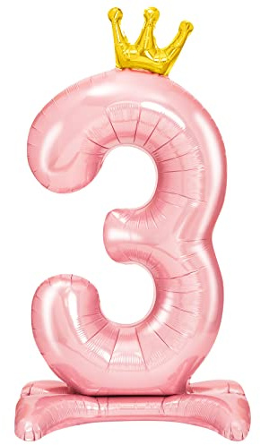 Folienballon Zahl 3 Folienboden mit Krone, 105 cm, Rosa, Kindergeburtstag, Mädchen, Dekoration für Kindergeburtstag, Mädchen, Zahlenballons mit Boden.