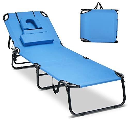 COSTWAY Chaise Longue Pliante, Bain de Soleil Réglable à 5 Positions, Charge 160kg, Trou pour Visage, 3 Coussins Amovible, Tissu Oxford, Sangle, Transat Jardin Exterieur pour Plage Piscine(Bleu)