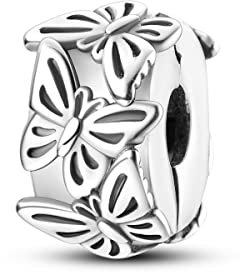 Parmuz Clip Spacer Charm para Pulsera 925 Plata de Ley Pave Lock Stopper Charm Charm Cuentas Pink Daisy Butterfly Cubic Zirconia Abalorios Apertura Joyería Regalo para Mujer