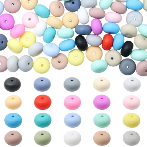 Decoendiy 100Pcs Loose Silicone Abacus Beads 15mm, Flat Round Shaped Chunky Beads, Silicone Spacer Beads, Large Hole Rubber Beads, for Adults DIY Bracelets Crafts Supplies (Mix)