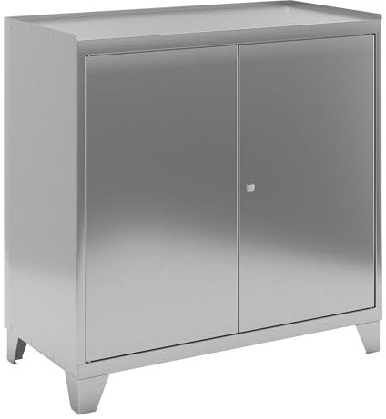 kaiserkraft | Edelstahl-Werkzeugschrank mit Stollenfüßen | mit 2 Fachböden | 2 Schubladen 70 mm | HxBxT 1000 x 1000 x 500 mm