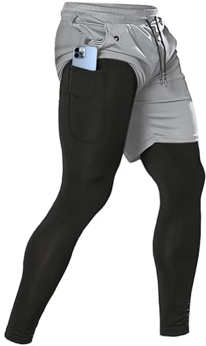 Men's 2 in 1 Running Pants, Gym Workout Compression Pants for Men Training Athletic Pants, Light Grey, M