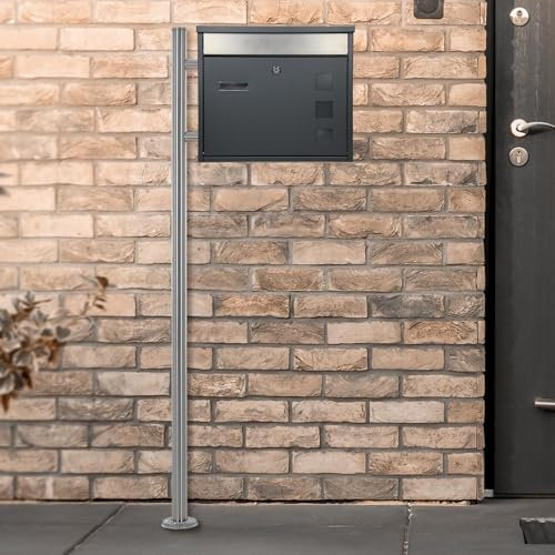 ECD Germany Design Briefkasten mit Pfosten, Standbriefkasten mit Namensschild, Briefkastenanlage, Briefkastenständer Silber 120 cm Edelstahl, Postkasten Anthrazit-Silber Edelstahl pulverbeschichtet