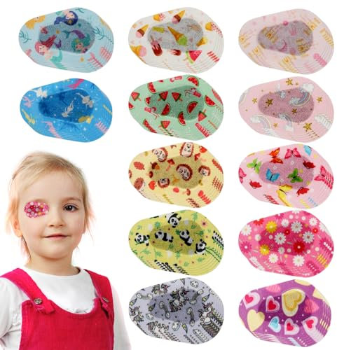 60pcs Patchs pour Les Yeux pour Enfants, 5x7,5 cm Adhésif Bandage pour Les Yeux Masque pour Les Yeux Doux Bloquant la Lumière Respirant Patch pour Les Yeux en Tissu Cadeau (12 Styles)