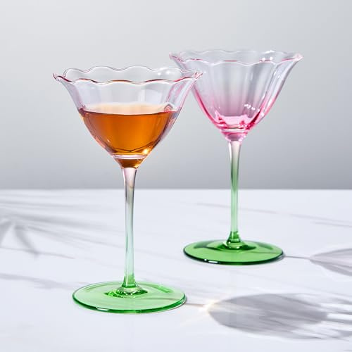 Khen Blossom Pink Tulip Flower Martini & Champagne Coupe Glasses | 2 Set | 6oz Hand Blown Colored Crystal Cocktail Glasses, Blush Pink & Green