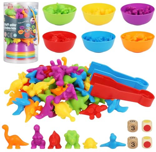 Invalidism 60Pcs Counting Dinosaur Toys Set, Color Classification and Sensory Montessori Educational Learning Toys with Bowl, Dice, Tweezers, Sorting Toys for Aged 3+ Years Old Boys Girls