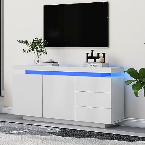 Sideboard Schrank Modern Wohnzimmer Beistellschrank Standschrank Kommode Highboard Anrichte Möbel 2 Türen 3 Schubladen Hochglanz Sideboard mit LED Licht Grifflose