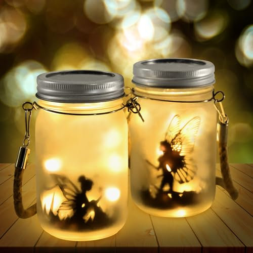 Adornos jardin exterior, Farolillo solar en tarro de cristal colgante para exterior, 2 unidades de hada de mariposa en tarro de cristal, decoración de jardín para exteriores, luces solares de jardín