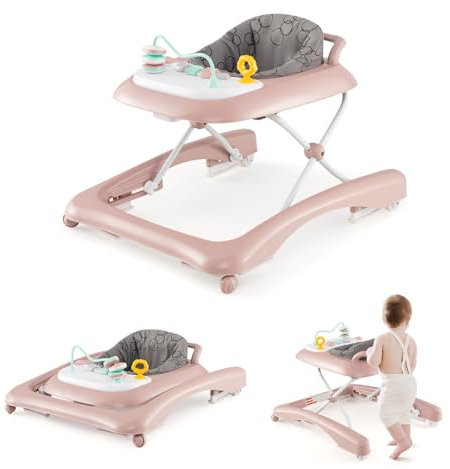 GOPLUS Trotteur Bébé Garçon Fille Evolutif 3 en 1, Trotteur Marche Bebe Pliable avec 3 Hauteur Réglable, Siège et Plateau Amovible, Centre d'Activités pour Tout-petits 6+ Mois, Charge 12KG (Rose)