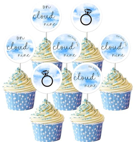 Sursurprise 36Pcs Blue White The Bride is on Cloud Nine Cupcake Toppers, Sky Clouds Diamond Ring Cake Picks for On Cloud 9 Bridal Shower Bachelorette Wedding Engagement Hen Party Decorations