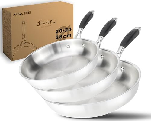 DIVORY Edelstahlpfanne Set 20, 24, 28 cm PURA Induktion I unbeschichtete Pfannen, Pfanne Edelstahl für alle Herdarten I Induktionspfanne ohne Beschichtung, stainless steel frying pan (unbeschichtet)