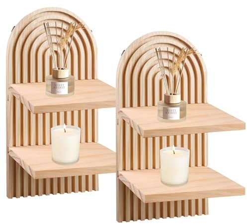 BYZESTY Lot de 2 Étagères Murales En Bois Arc-En-Ciel Boho, 4 Étagères Flottantes, Planche En Bois Décorative Bohème, Étagère Murale Bohème, Double Couche Pour Salon, Chambre, Bureau, Cuisine