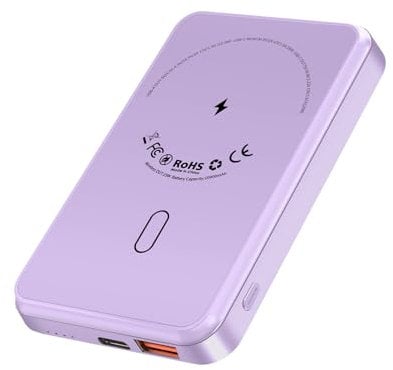 Power Bank for Mag-safe, Wireless Portable Charger, 10000mAh PD 22.5W Fast Charging USB C In & Out, Small Magnetic External Battery Pack Compatible with iPhone 16/15/14/13/12 (Purple)