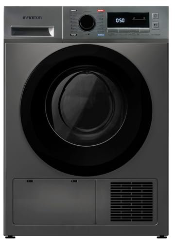 INFINITON Secadora Carga Frontal SD-HT86A2DK, 8 Kg, 1400 rpm, A++, Invert, Bomba de Calor, Pórtico extra grandeer, 16 programas, Rotación bidireccional, Acabado DARK INOX