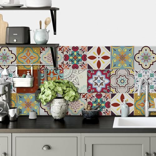 Mosaikfliesen Mandala Brick Red Fliesenaufkleber PVC Hitzebeständig Tile Sticker Wasserdicht Klebefliesen Küche Ölfest Fliesenaufkleber Bad Badezimmer Selbstklebende Fliesen 10x10cm/24 pcs