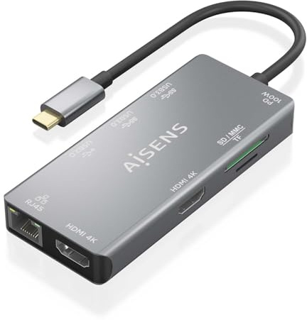 AISENS ASUC-9P018-GR - USB-C Dock 9-in-1, USB-C A 2XHDMI, 1XRJ45, 2XUSB-A USB3.0, 1XUSB-A USB2.0, 1XUSB-C PD, 1Xsd, 1XMicro SD, Grau, 15 cm
