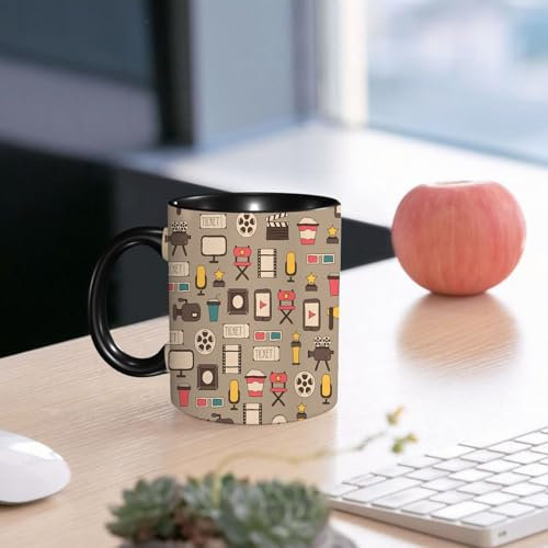 SDAEMQ Tasse Kaffeetassen, Muster aus Doodle-Filmdesignelementen und Kinosymbolen im flachen Stil.,Große 330ml Mit Henkel 100% Handbemalt Trinkgläser Keramik,versch. Frauen,Jahrestag,Muttertag