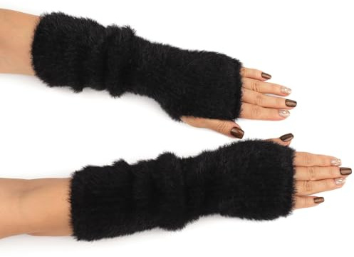 BelleVive - Manicotti da donna, guanti senza dita in velluto simile alla volpe, polsini termici Y2K, manicotti lunghi, guanti termici senza dita lavorati a maglia, Nero , L