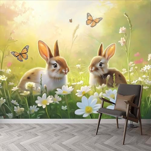 Wall Murals Oil Painting Animal Rabbit Flower Wallpaper, Cartoon Animals Wall Mural Decorative Wallpapers for Living Room Bedroom Photo Wallpaper, 400 x 280 cm (W x H) Art Wallpaper 3D Effect