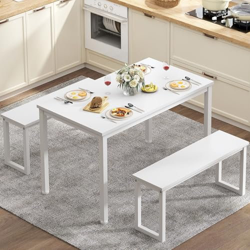 soges Essgruppe 3 Teiliges Esstisch Set für 4 Personen Großer Esszimmertisch mit 2 Längen Bänken, Weiß 100 x 60 cm