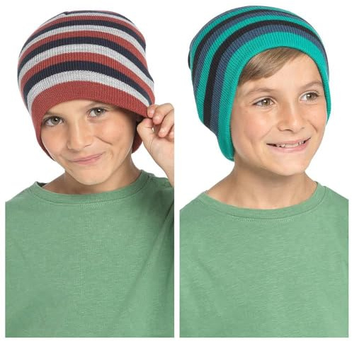 A2Z 4 Kids Boys Pack of 2 Striped Beanie Winter Hats | Soft cosy headwear set for cold days school trips and outdoor play