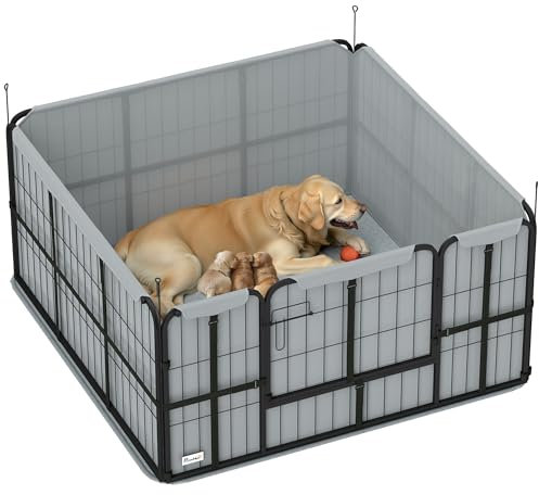PawHut Parc de Mise Bas pour Chien, Caisse de Mise Bas pour Chiens, avec Porte verrouillable, Tissu Oxford 600D, Tapis de propreté Lavable, enclos Chien, en Acier, 122 x 122 x 60 cm, Noir