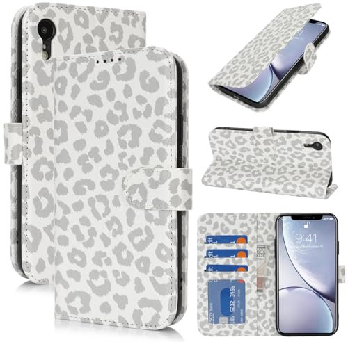 Zouzt Hülle für iPhone XR 6,1-Zoll, Stoßfestes PU Leder Handyhülle Lederhülle Klapphülle mit Kartenhalter und Standfunktion Flip Leather Wallet Phone Cover (Weiß Leopard)