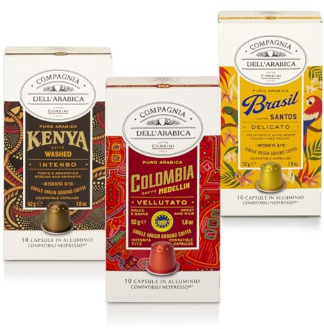 Caffè Corsini - Set Capsules de Café Compatibles Nespresso Aromes Envoûtants Saveurs Veloutées, 100% Arabica, Kenya, Brésil, Colombie, 3 Boîtes de 10 Capsules (Total 30 Capsules)
