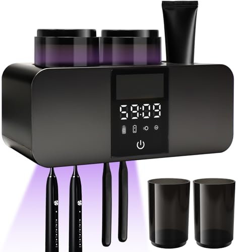 UV Toothbrush Sanitizer Wall Mounted Toothbrush Holder for Bathroom Electric USB Rechargeable Toothbrush Organizer for Home, 2 Cups, 4 Brush Slots, Black