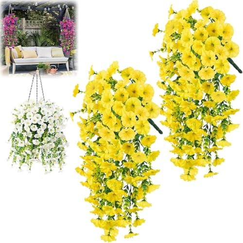 EHOTER Precisetrue Hängeblumen, künstliche Hängekörbe, künstliche Blumen, Morgenglorie, künstliche Hängeblumen, Outdoor, Kunstpflanzen, Frühlingsdekoration, Kunstseide, Mütter, Veilchen (Gelb)