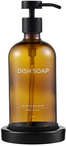 Janxin Dish Soap Dispenser, 500ml Brown Glass Soap Dispensers, Amber Glass Soap Dispenser, Pump Bottle Dispenser, With Tray, Suitable for Kitchen(Brown bottle blackhead (DISH SOAP))
