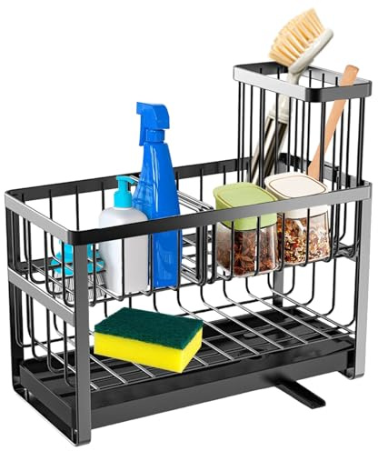 Primasage Porte Éponge Évier Cuisine 2 Couches avec Égouttoi | 2 couches en acier au carbone, avec égouttoir rotatif à 360°, pour éponges, brosses et liquide vaisselle
