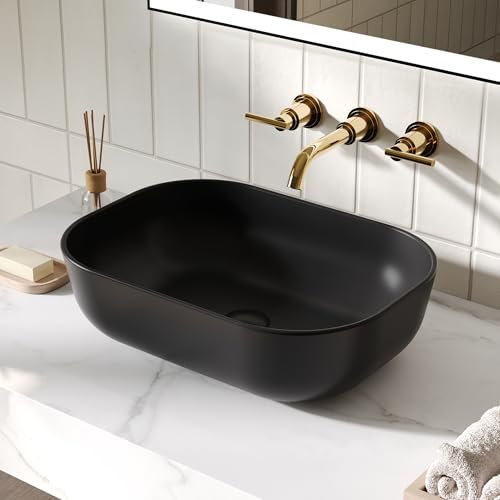 DeerValley Waschbecken Schwarz Deluxe Keramik Aufsatzwaschbecken Oval Waschbecken 50,8 cm x 40,6 cm mit Hochglanzglasur für Badezimmer & Gäste-WC