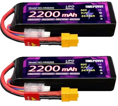 EMEPOVGY Lipo-Akku, 11,1 V, 3S, 2200 mAh, 50 C, mit XT60-Stecker für FPV-Drohne, Quadcopter, RC-Flugzeug, Flugzeug (2 Packungen)
