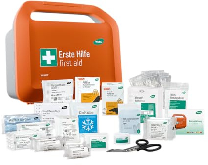 WERO Smart Case Erste-Hilfe-Koffer klein DIN 13157 | Kompakt & robust, Staub- & spritzwassergeschützt, Farbleitsystem, Mit Wandhalterung, Mit Weroplast® PowerTex Pflastern